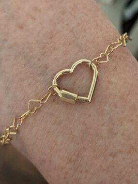 14k Yellow Gold Heart Link Chain with Heart Carabiner Clasp Bracelet
